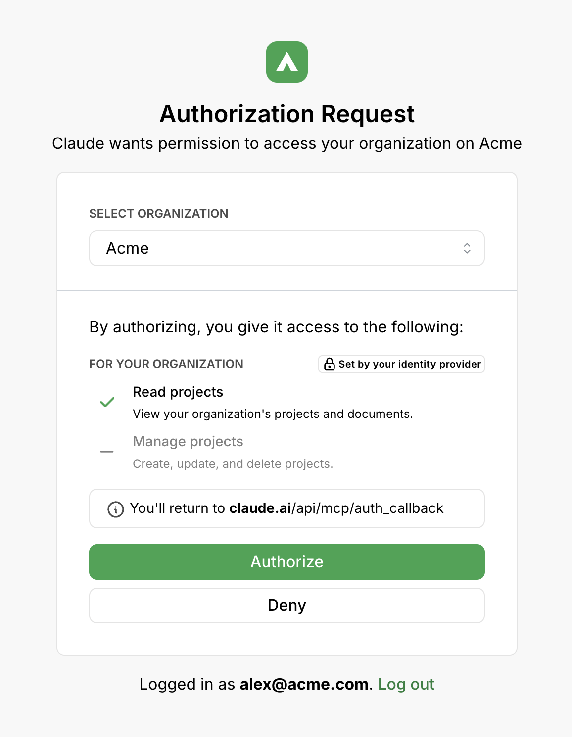 An Enterprise MCP consent screen for the Acme organization. Read projects is allowed, Manage projects is disabled, and the permissions are labeled Set by your identity provider.