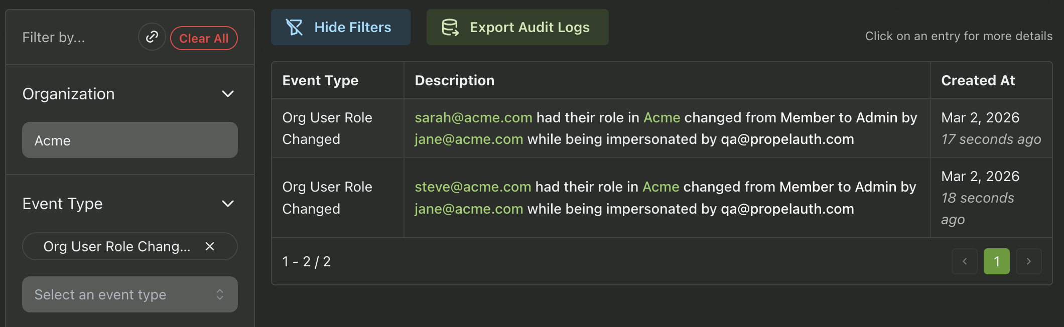 Image in article: Audit Logs in PropelAuth