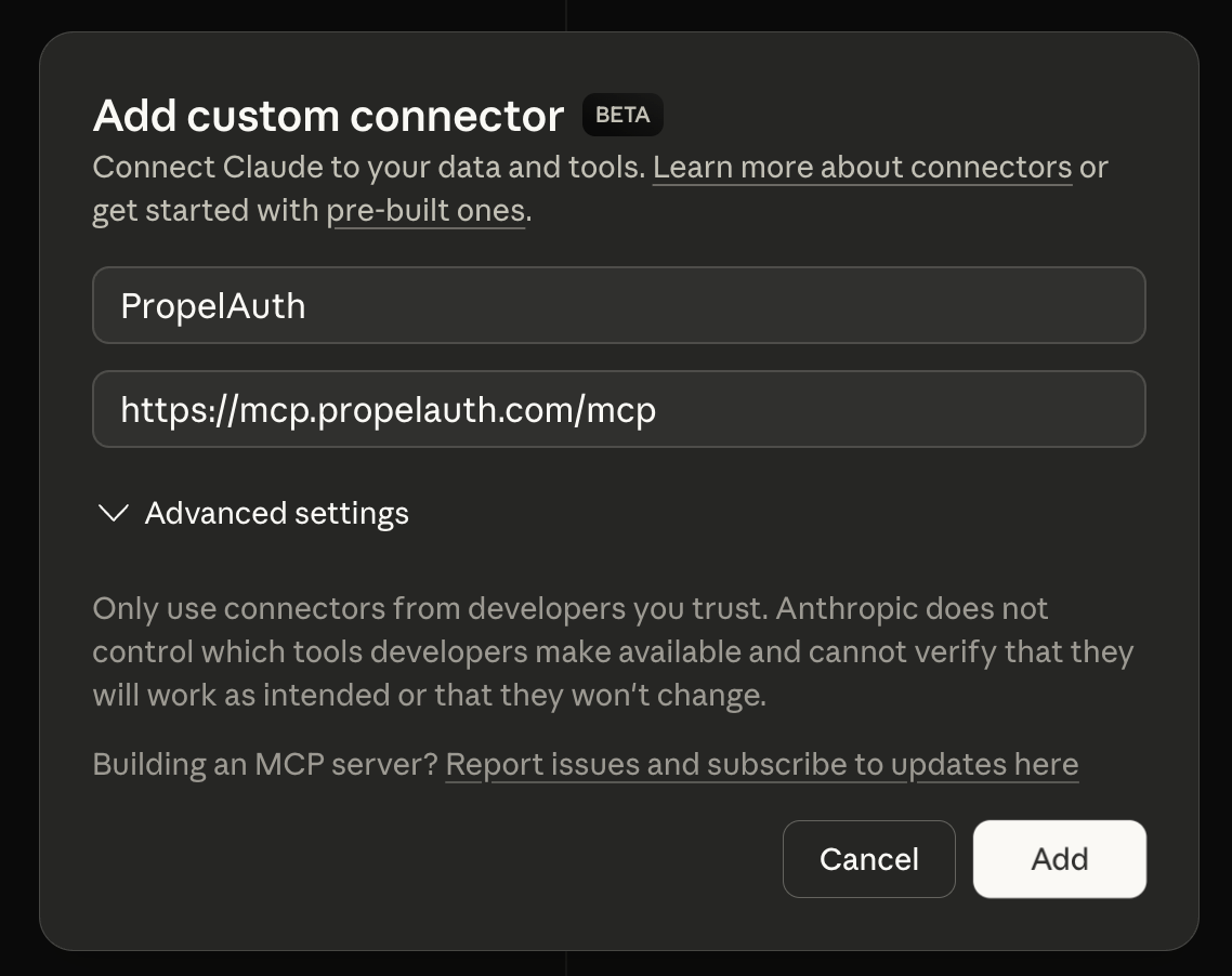 Image in article: Building Custom UIs with Shadcn and PropelAuth’s Integration MCP Server