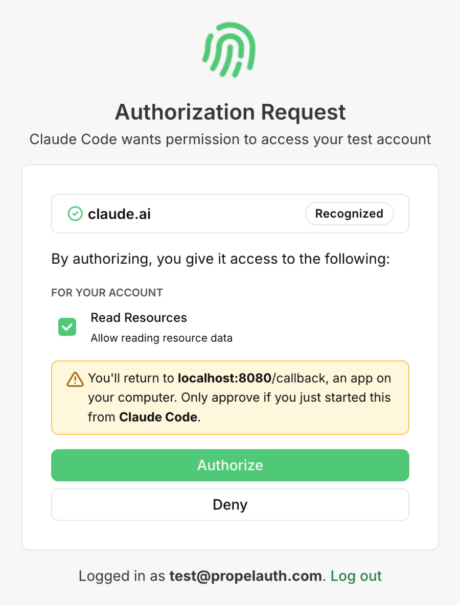 A consent screen for a recognized client with a Read Resources scope and a yellow warning box reading You'll return to localhost:8080/callback, an app on your computer. Only approve if you just started this from Claude Code.