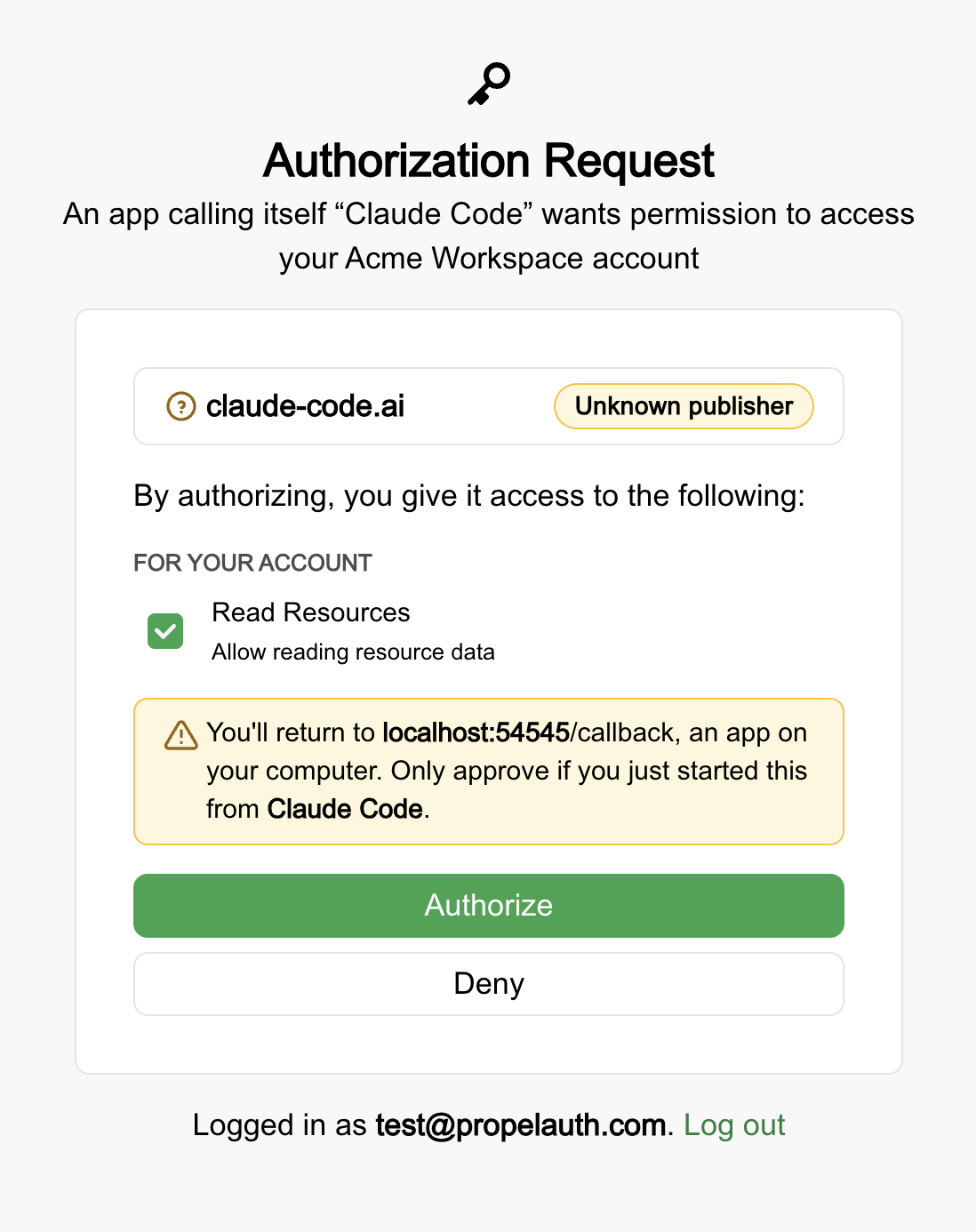 A consent screen headed An app calling itself Claude Code wants permission to access your test account, with the domain claude.ai marked Unknown publisher and a local-redirect warning below it